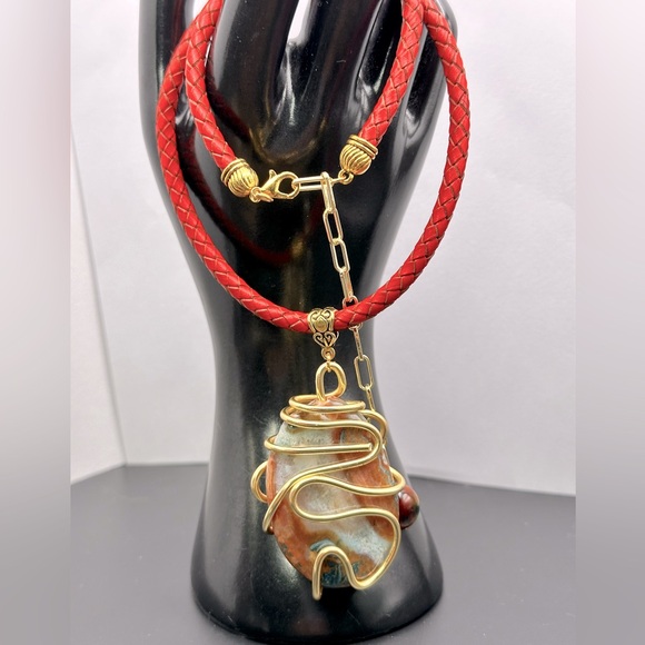 LEATHER + DRAGON SKIN AGATE NATURAL CHOKER NECKLACE size adjusted - Picture 1 of 10